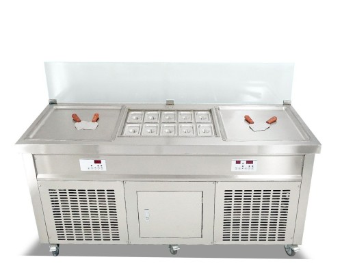 2010S Commercial Fried Ice Cream Rolling Machine Double Pot Thai Fried Fruit Yogurt Ice Cream Rolling Machine
