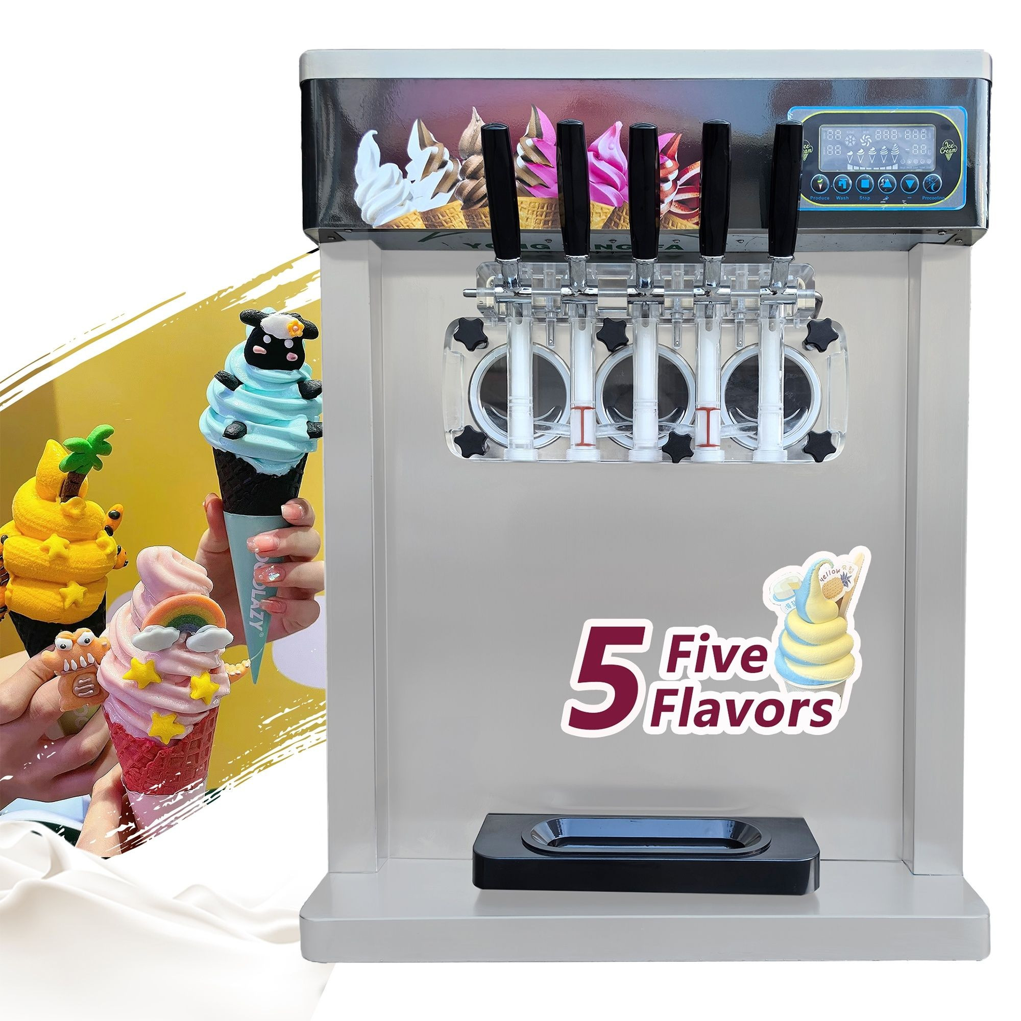 350T Automatic Countertop 5 Flavor Ice Cream Maker Soft Serve Ice Cream Machine