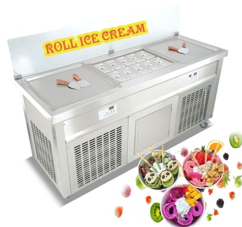 2010S Commercial Fried Ice Cream Rolling Machine Double Pot Thai Fried Fruit Yogurt Ice Cream Rolling Machine